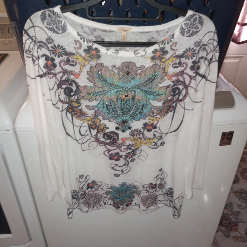 Reba White and Teal Floral Blouse Size Small
